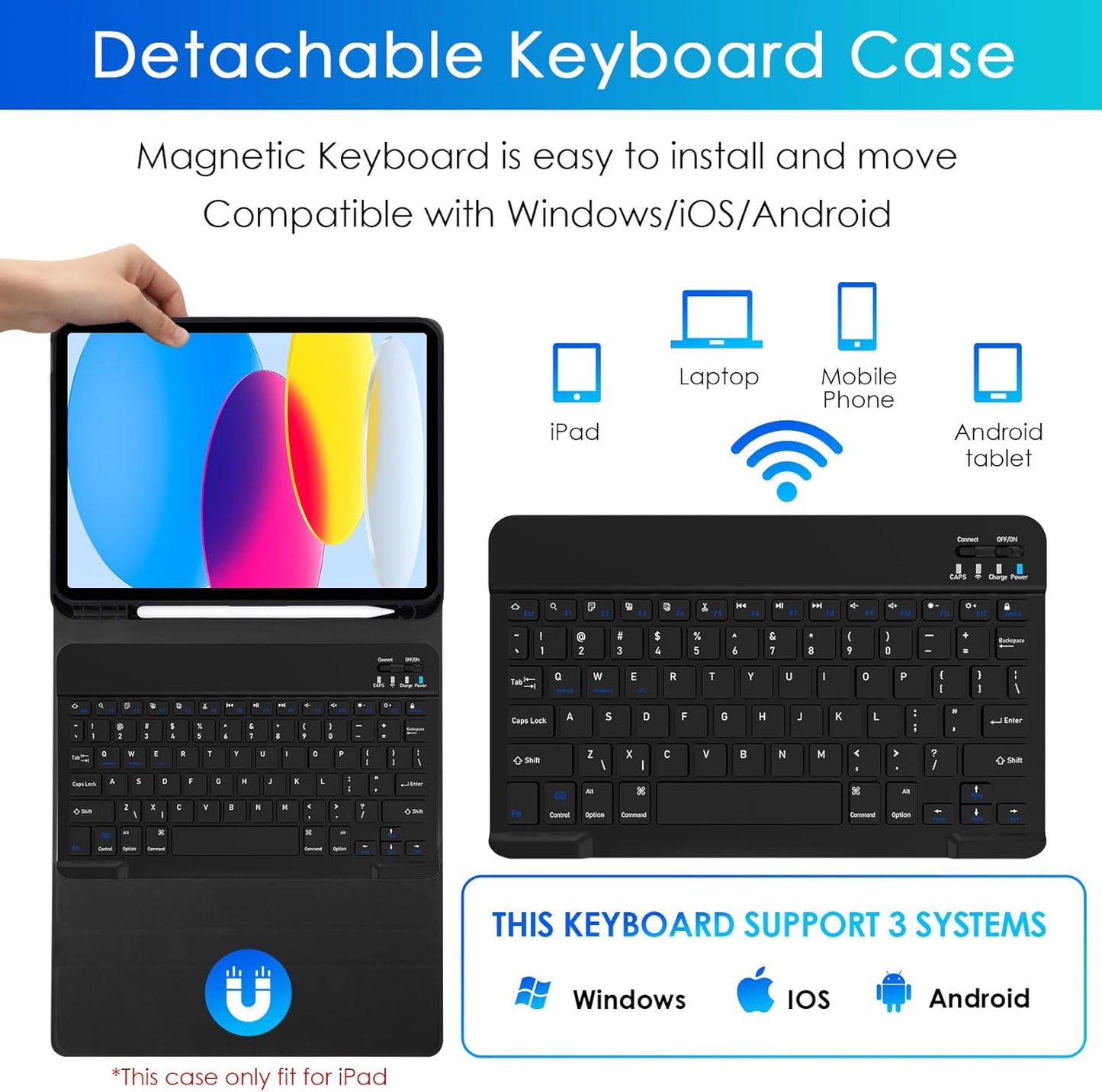 Slim iPad tablet case with detachable Bluetooth keyboard