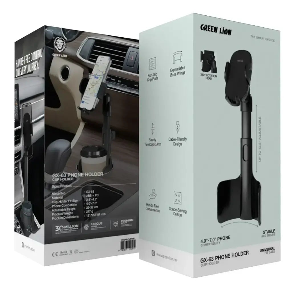 Green Lion GX-63 Phone Holder & Cup Holder – 2-in-1 Car Mount Organizer