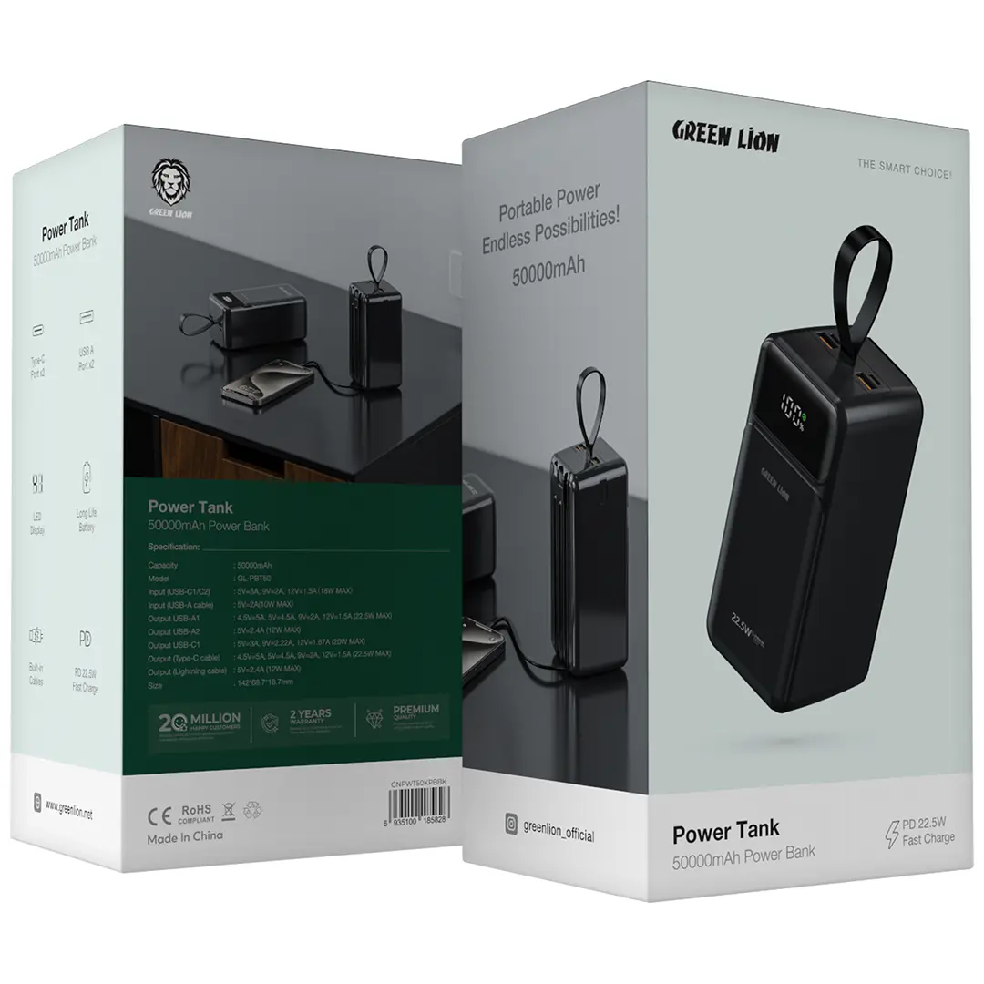 Green Lion Power Tank 50000mAh power bank with built-in cables and display