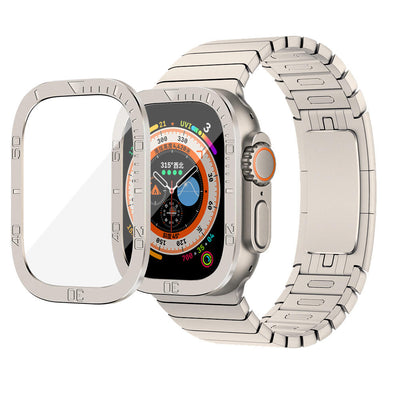Apple Watch Ultra metal protective case with built-in glass screen cover.
