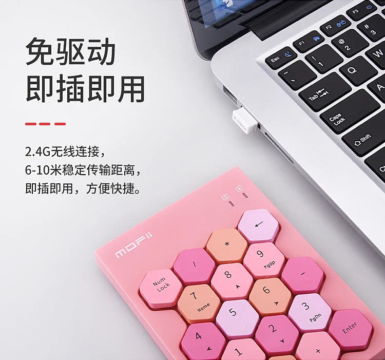 Close-up of MOFii SK-660AG showing unique hexagon keypad design.