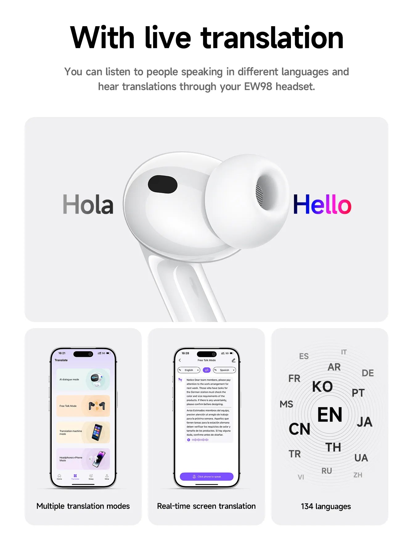 Hoco EW98 touch control earbuds with active noise cancellation and real-time AI translation feature highlight