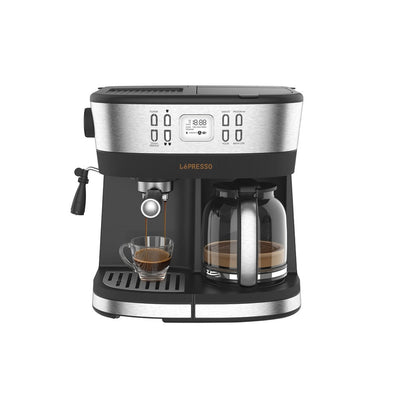 LePresso dual brew drip coffee and espresso machine in black, front view showing carafe, espresso spout, and control panel