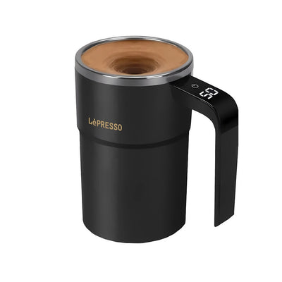 LePresso Stirmagic auto stirring mug in black, front view showing touch control button and temperature display