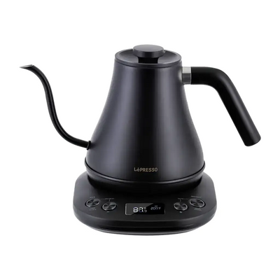 LePresso electric pour-over kettle in black with gooseneck spout and digital temperature display, front view