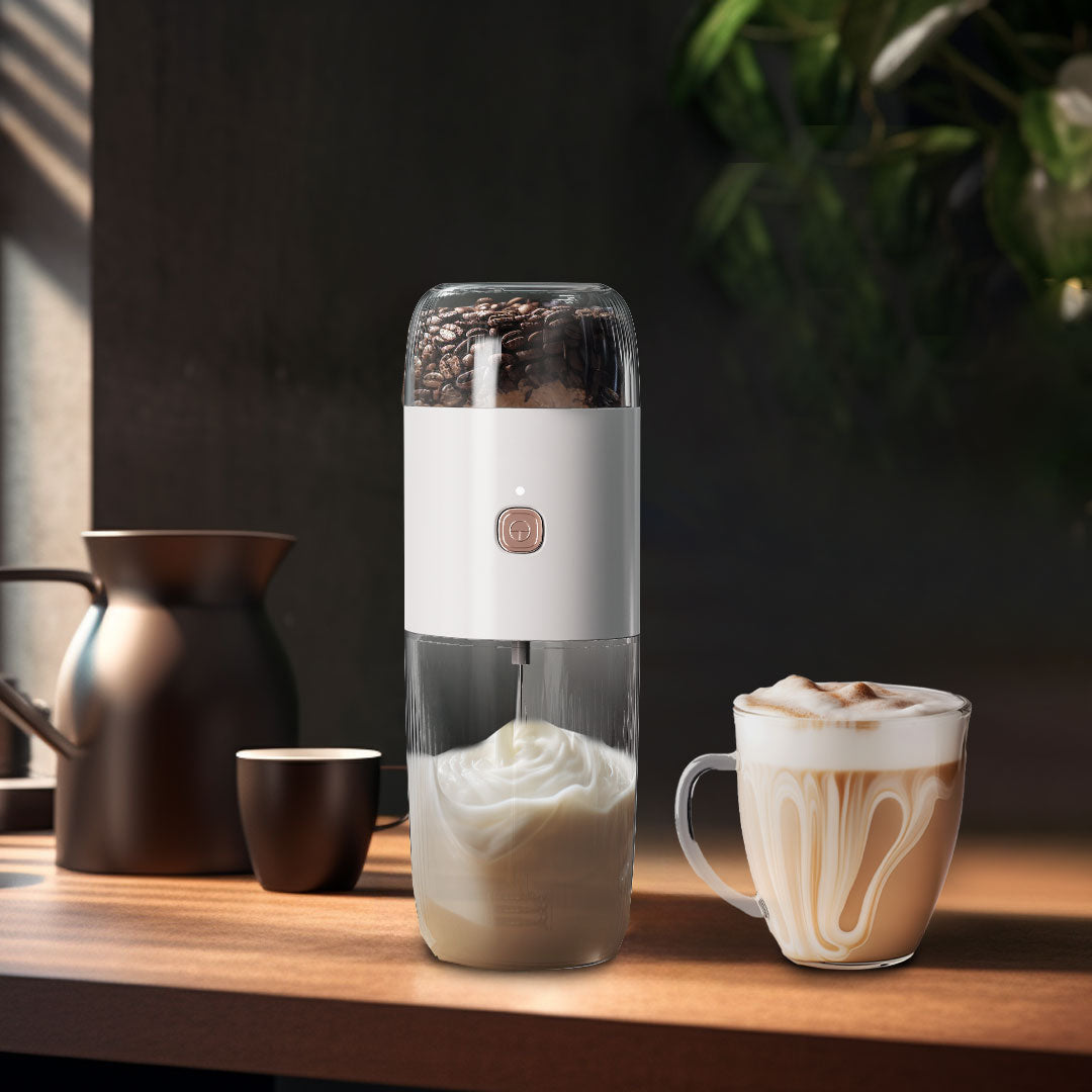 LePresso 2-in-1 milk frother creating creamy foam in 150ml container for latte or cappuccino