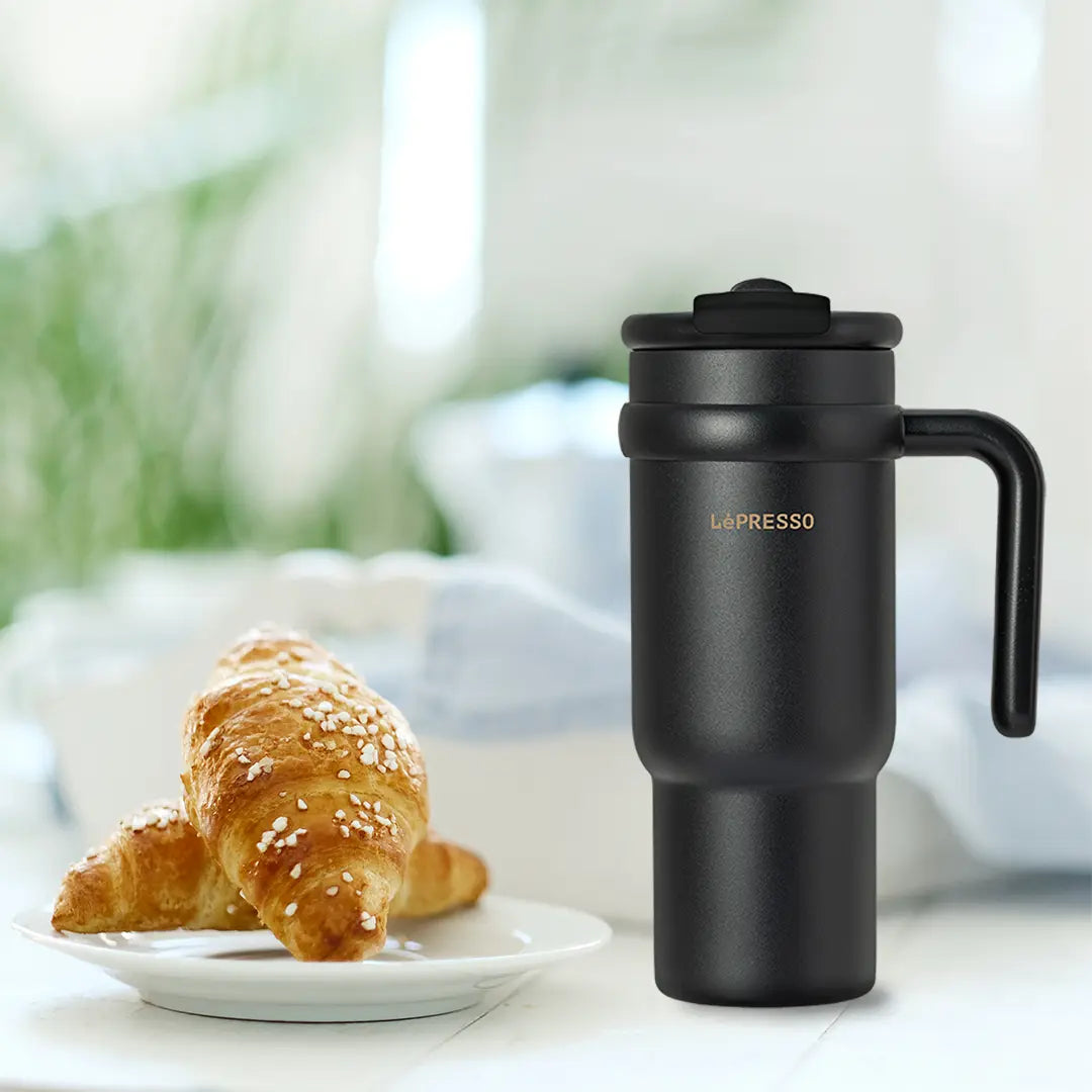 Hot coffee inside LePresso insulated thermal mug