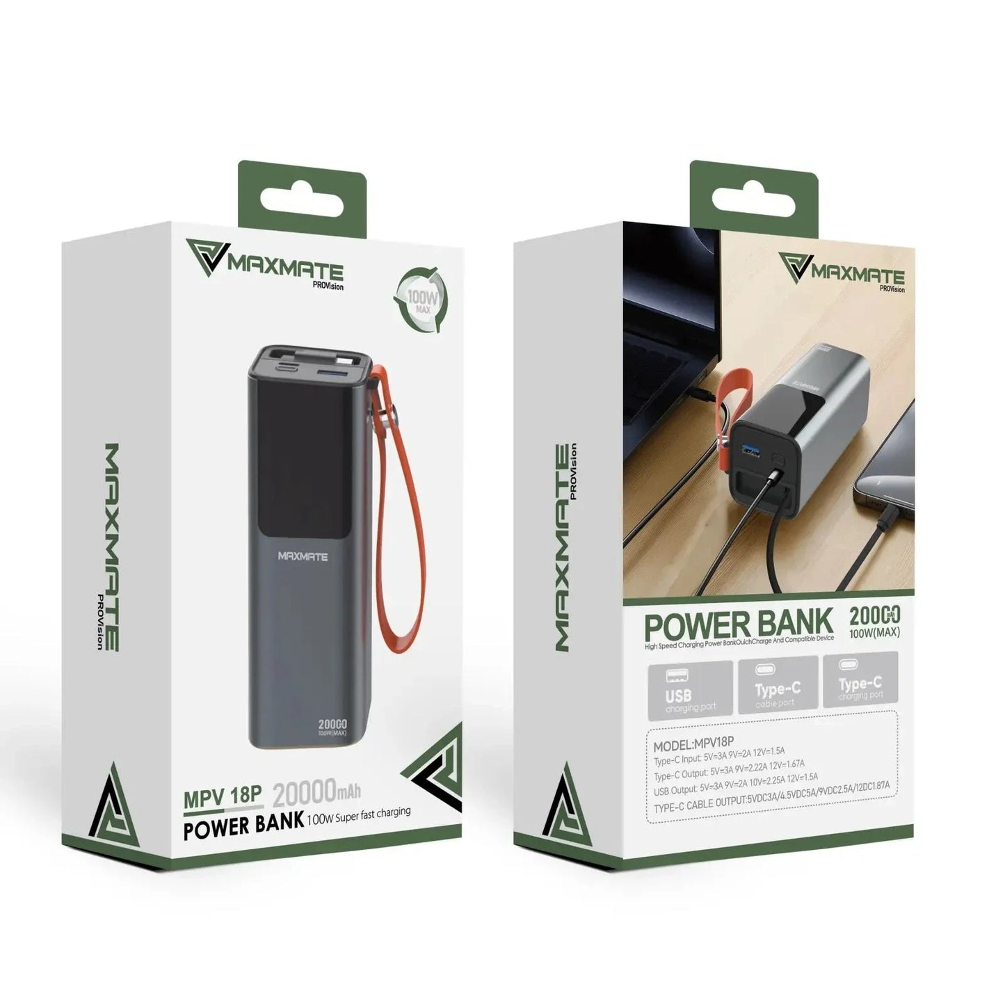 Fast charging power bank with built-in Type-C cable