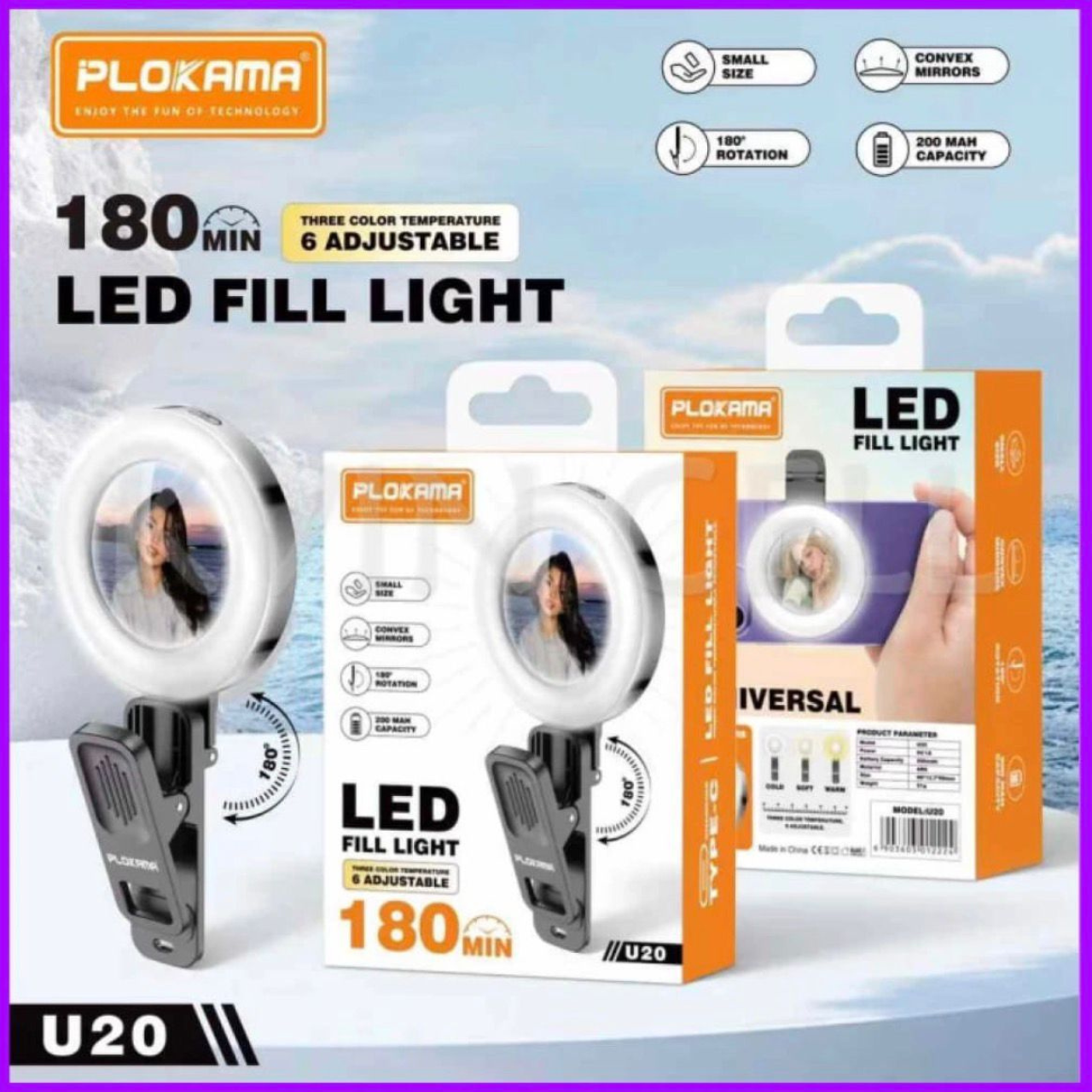 LED Mini Mirror Clip Selfie Ring Light Plokama U20
