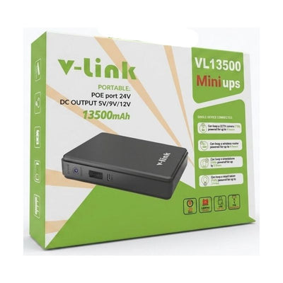 V-Link Mini UPS 13500mAh battery backup unit, front view showing multi-voltage output ports and LED indicator