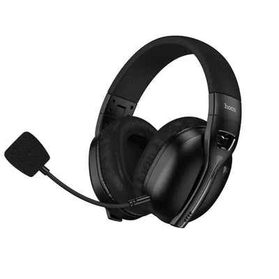 Hoco W114 Magic wireless gaming headphones front view showing RGB earcups, retractable boom mic and foldable design