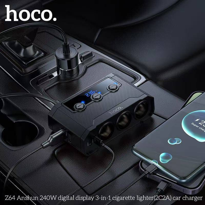 Hoco Z64 240W High-Power Car Charger | 3-in-1 Socket & LED Display