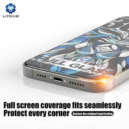 Durable Lito ARC tempered glass protecting phone screen from scratches.