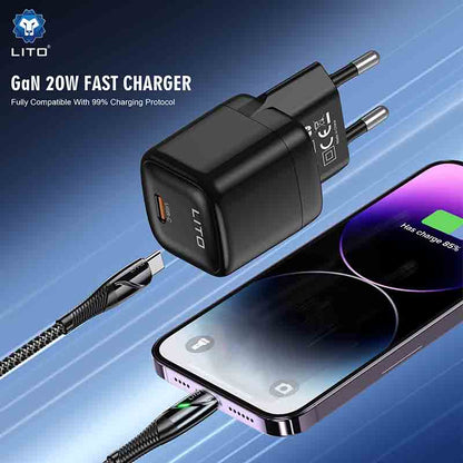 LITO GaN 20W fast charger with smartphone and charging cable on a blue background
