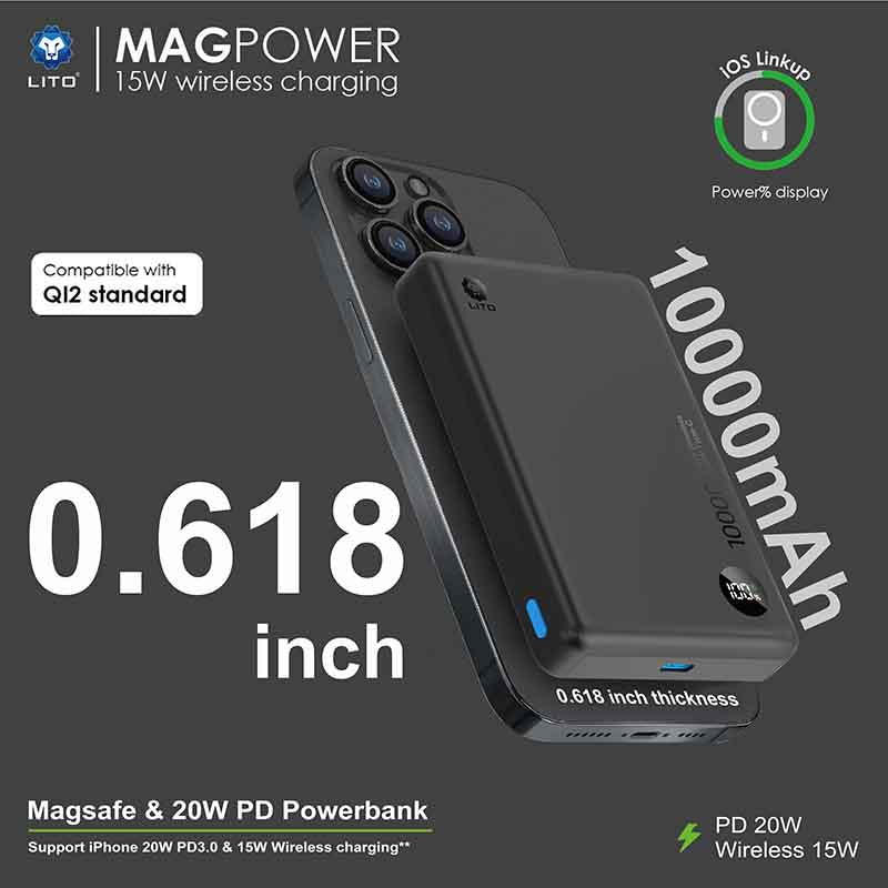 LITO LP08 10000mAh Slim Magnetic Wireless MagSafe Power Bank with Display