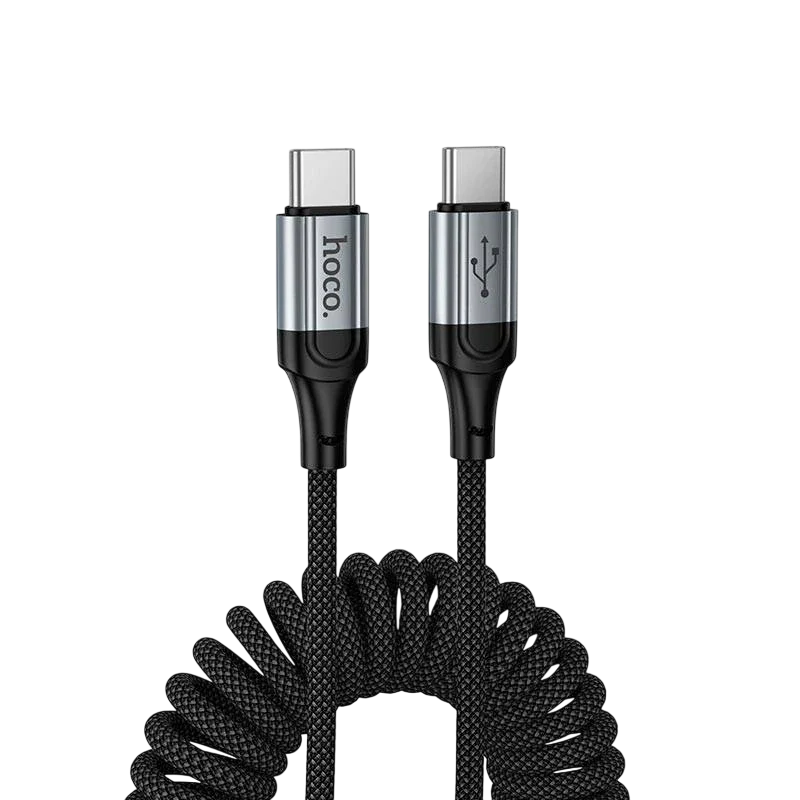 Hoco X121 Nuevo USB-C to USB-C cable 1.5m in black with spring braided design, full length view
