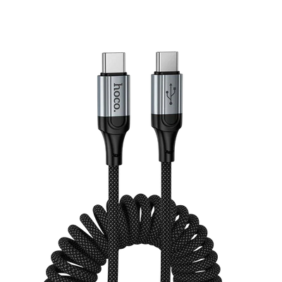 Hoco X121 Nuevo USB-C to USB-C cable 1.5m in black with spring braided design, full length view
