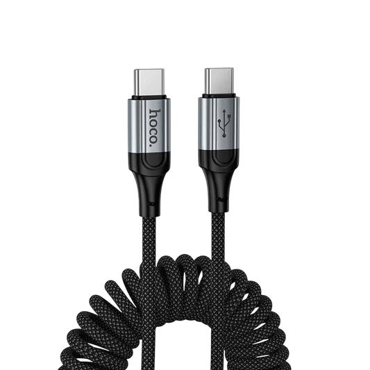 Hoco X121 Nuevo USB-C to USB-C cable 1.5m in black with spring braided design, full length view
