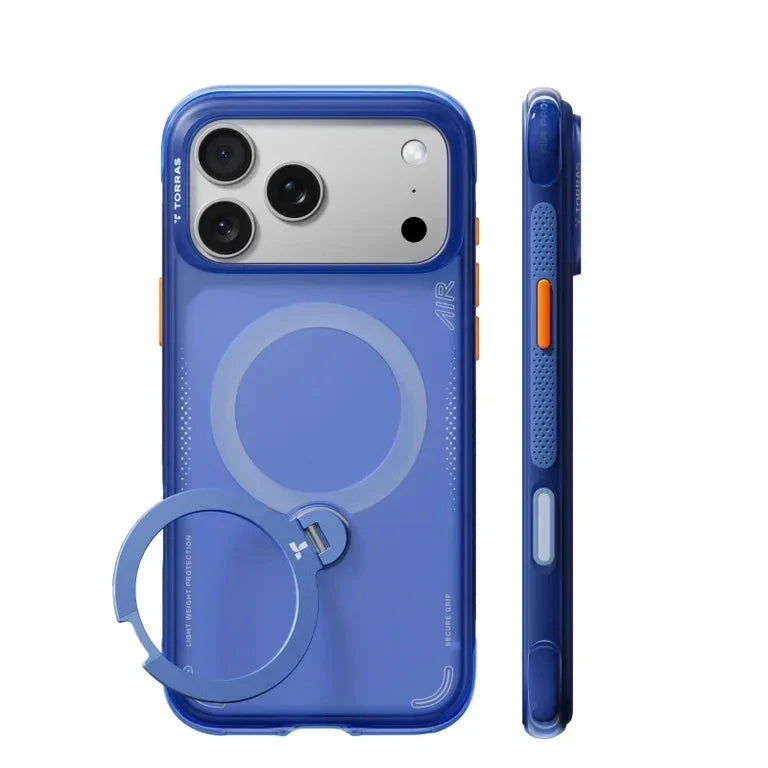 TORRAS Ostand Q3 Air case for iPhone 17/18 Pro & Pro Max – Blue, translucent MagSafe case with 360° rotating ring stand