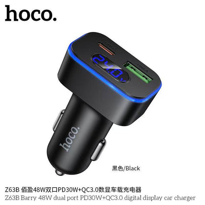 45W High Power Dual Port Car Charger USB-C + USB-A (LED Display)HOCO Z63B