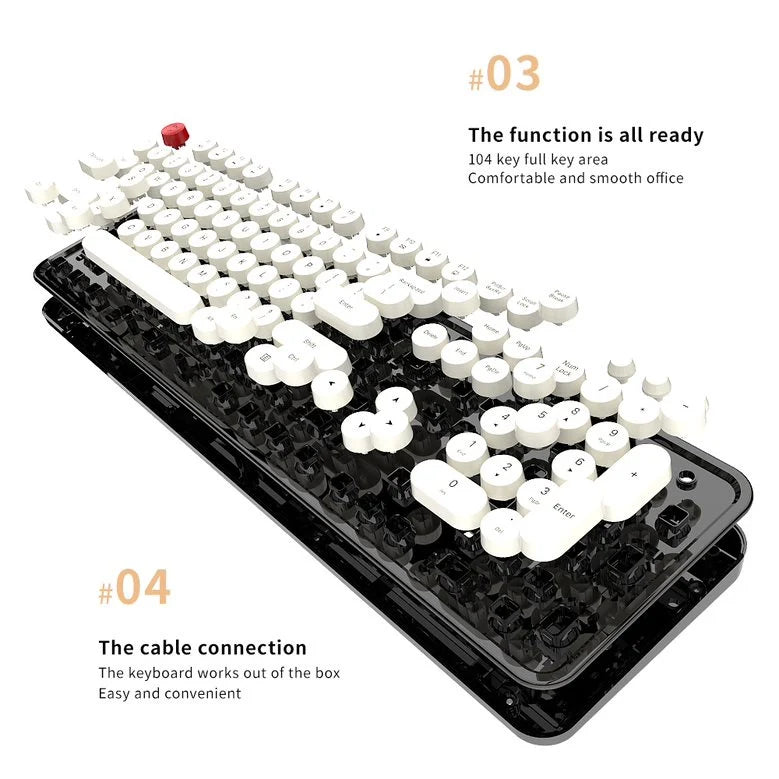 Close-up of MOFII keyboard showing typewriter-style keys.
