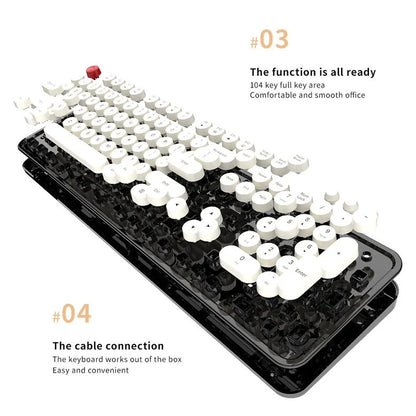Close-up of MOFII keyboard showing typewriter-style keys.
