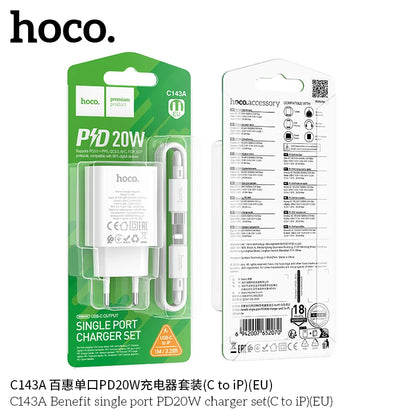 HOCO C143A charger set connected to iPhone via USB-C to Lightning cable.
