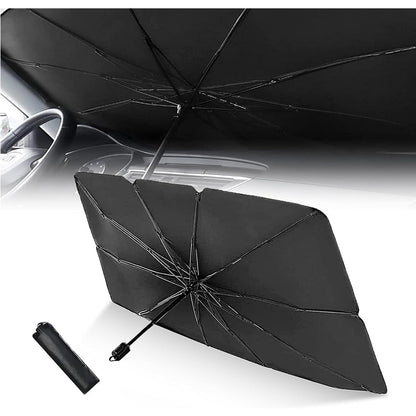 Umbrella-style car windshield sun shade protecting the dashboard from sun and heat