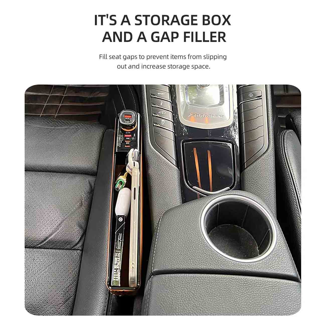 Compact car organizer for accessories and charging
