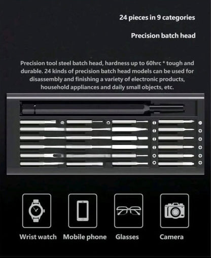 Precision screwdriver set open case showing full range of tool heads
