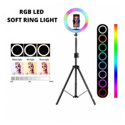 MJ26 RGB LED Soft Ring Light (26cm) with Tripod – 360° Rotating Pan-Tilt, Free Light