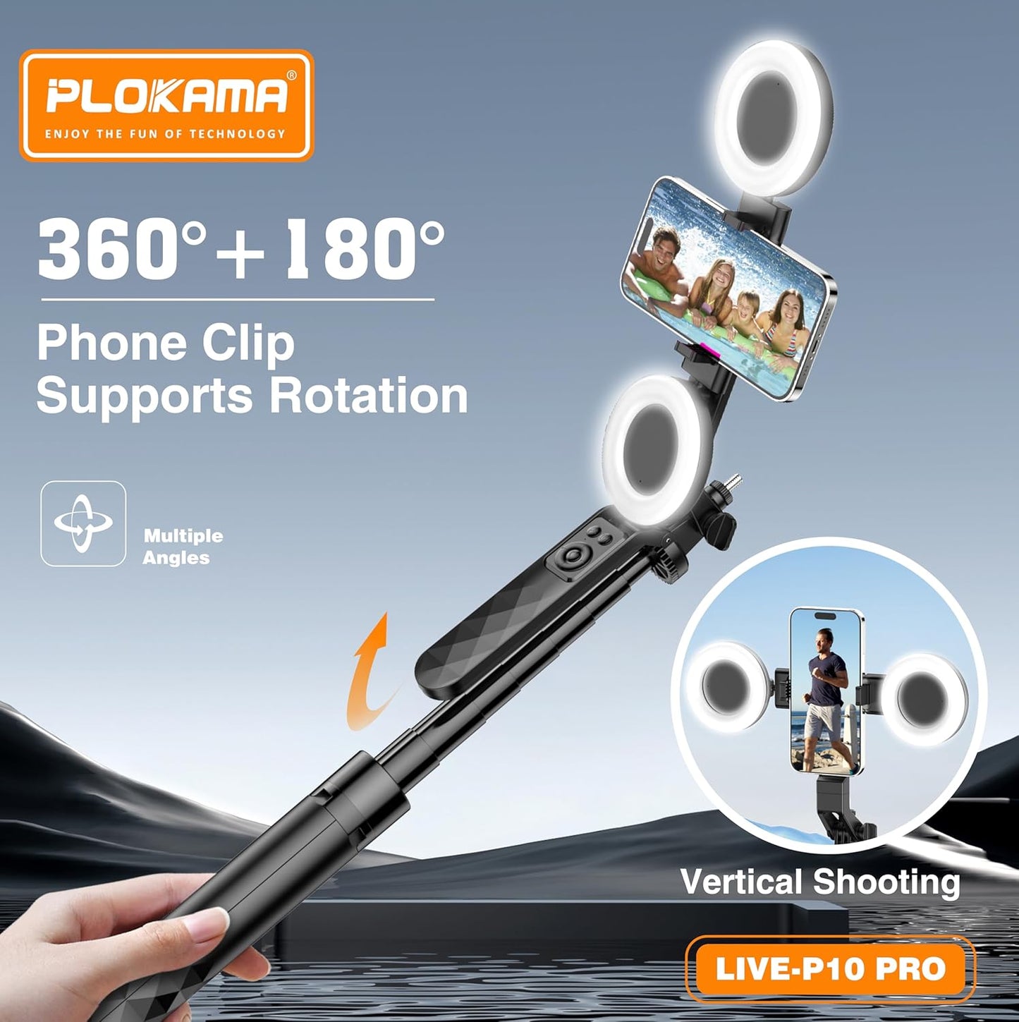 Plokama Live-P10 Pro Selfie Stick Tripod with LED Light & Remote
