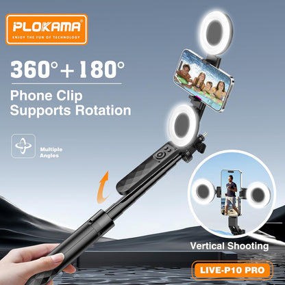 Plokama Live-P10 Pro Selfie Stick Tripod with LED Light & Remote