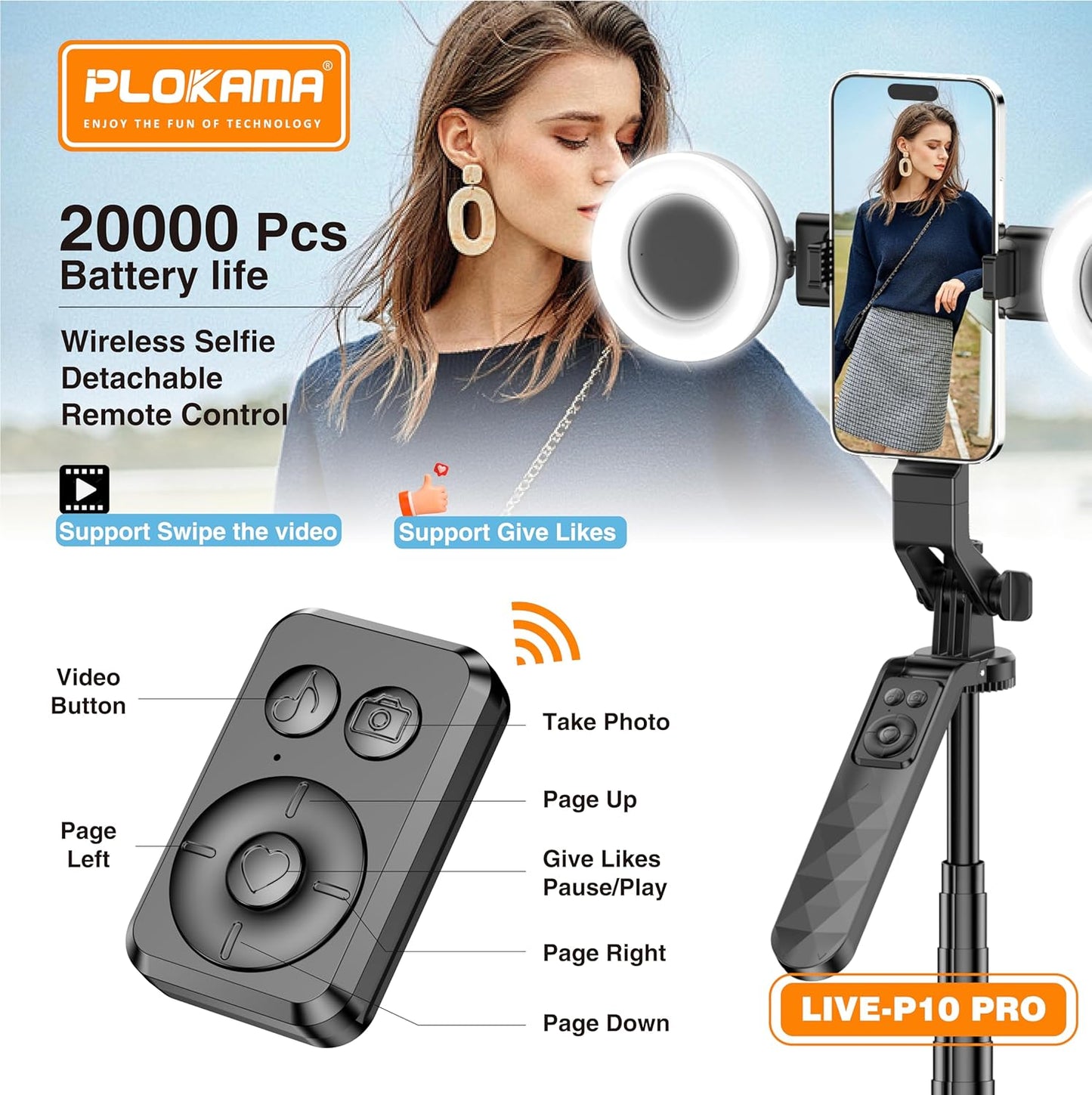 Plokama Live-P10 Pro Selfie Stick Tripod with LED Light & Remote