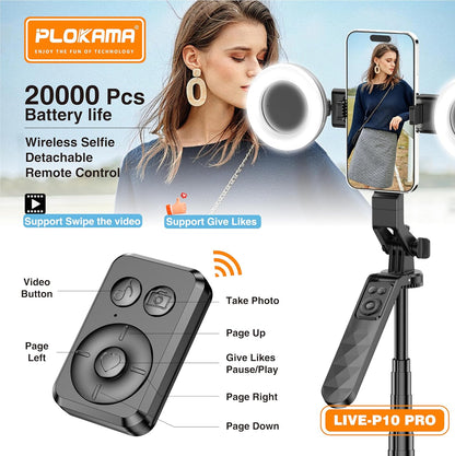 Plokama Live-P10 Pro Selfie Stick Tripod with LED Light & Remote