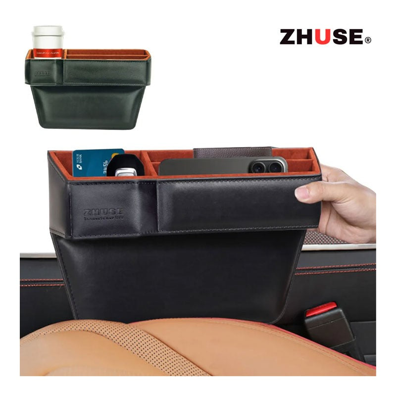 Compact car seat gap organizer with storage compartments
