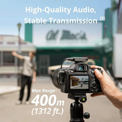 DJI Mic Mini transmitter clipped on shirt for recording
