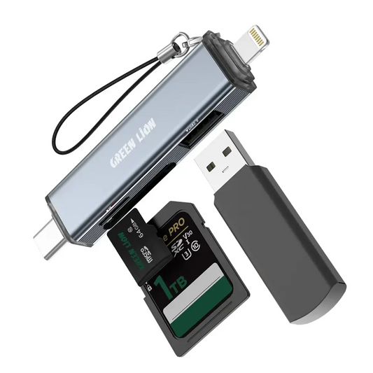 Green Lion 3 in 1 card reader with USB C and Lightning connectors