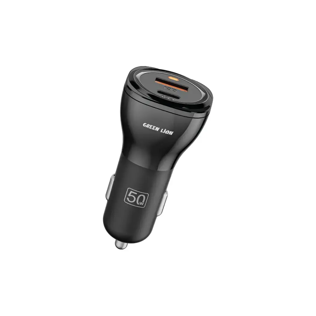 Green Lion Dual Port Car Charger 50W – Type-C & USB-A + 1m Type-C to Type-C Cable