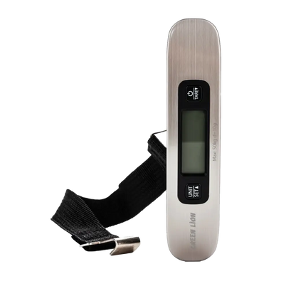 Green Lion digital luggage scale in silver showing LCD display and stainless steel body, front view
