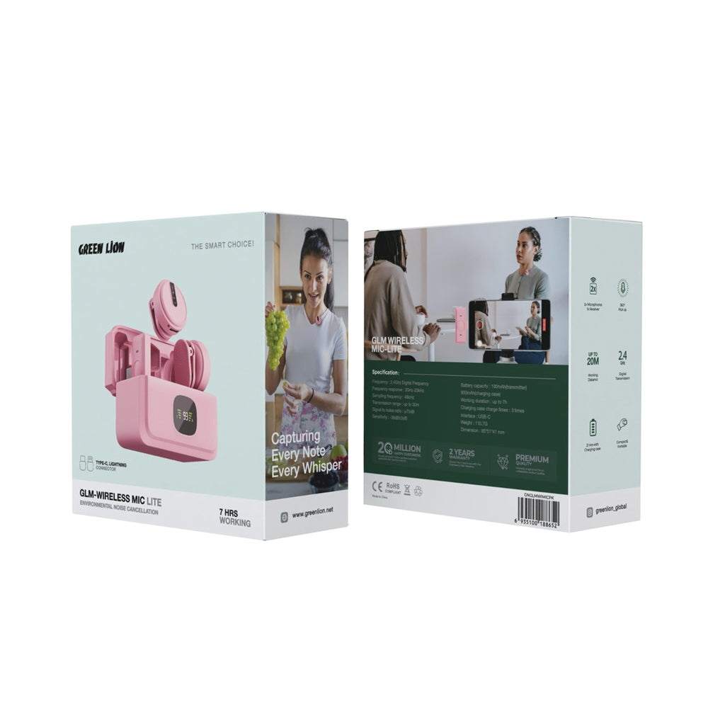 Green Lion dual wireless microphone set with charging case and display