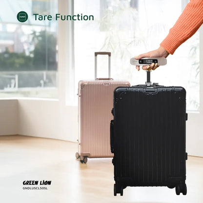 Green Lion luggage scale compact portable design showing auto-off and tare function buttons
