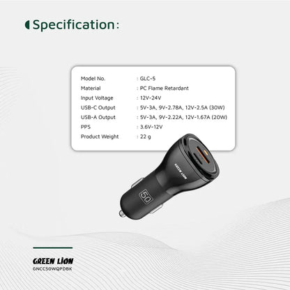 Green Lion Dual Port Car Charger 50W – Type-C & USB-A + 1m Type-C to Type-C Cable