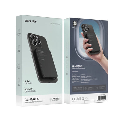 Green Lion GL-MAG 5 wireless power bank with magnetic attachment.
