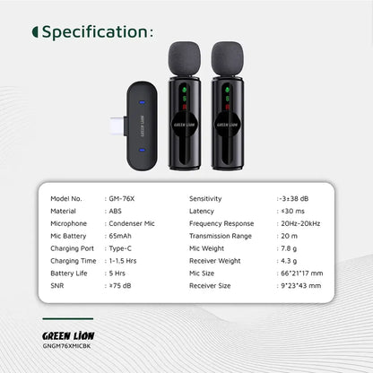 Dual Microphone 3-Level Noise Cancellation Green Lion  GM76-X