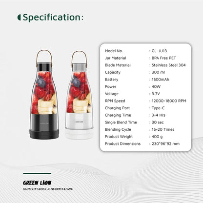 Portable Green Lion Mixmate Juicer in use on a kitchen counter.

