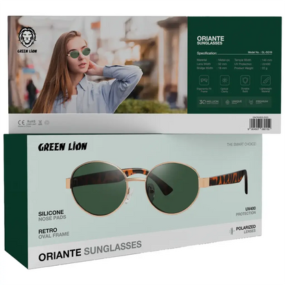 Green Lion Oriante sunglasses worn outdoors in sunlight
