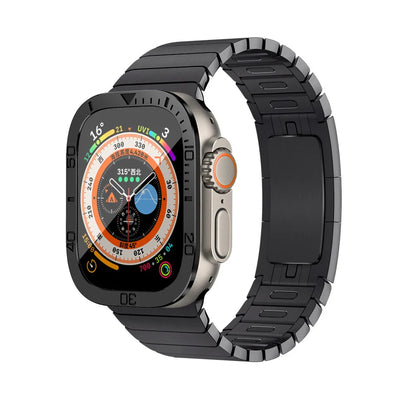 Metallic Apple Watch Ultra case providing full edge and screen protection.
