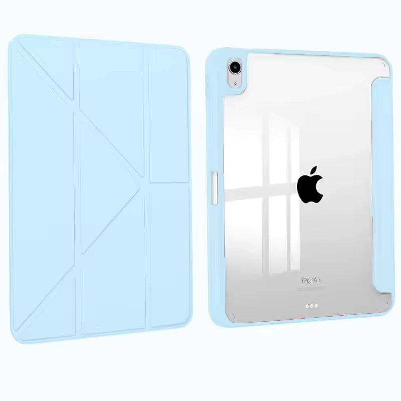 Clear back smart iPad case with origami stand sky blue