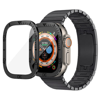 Close-up of Apple Watch Ultra metal frame protector with rugged design.
